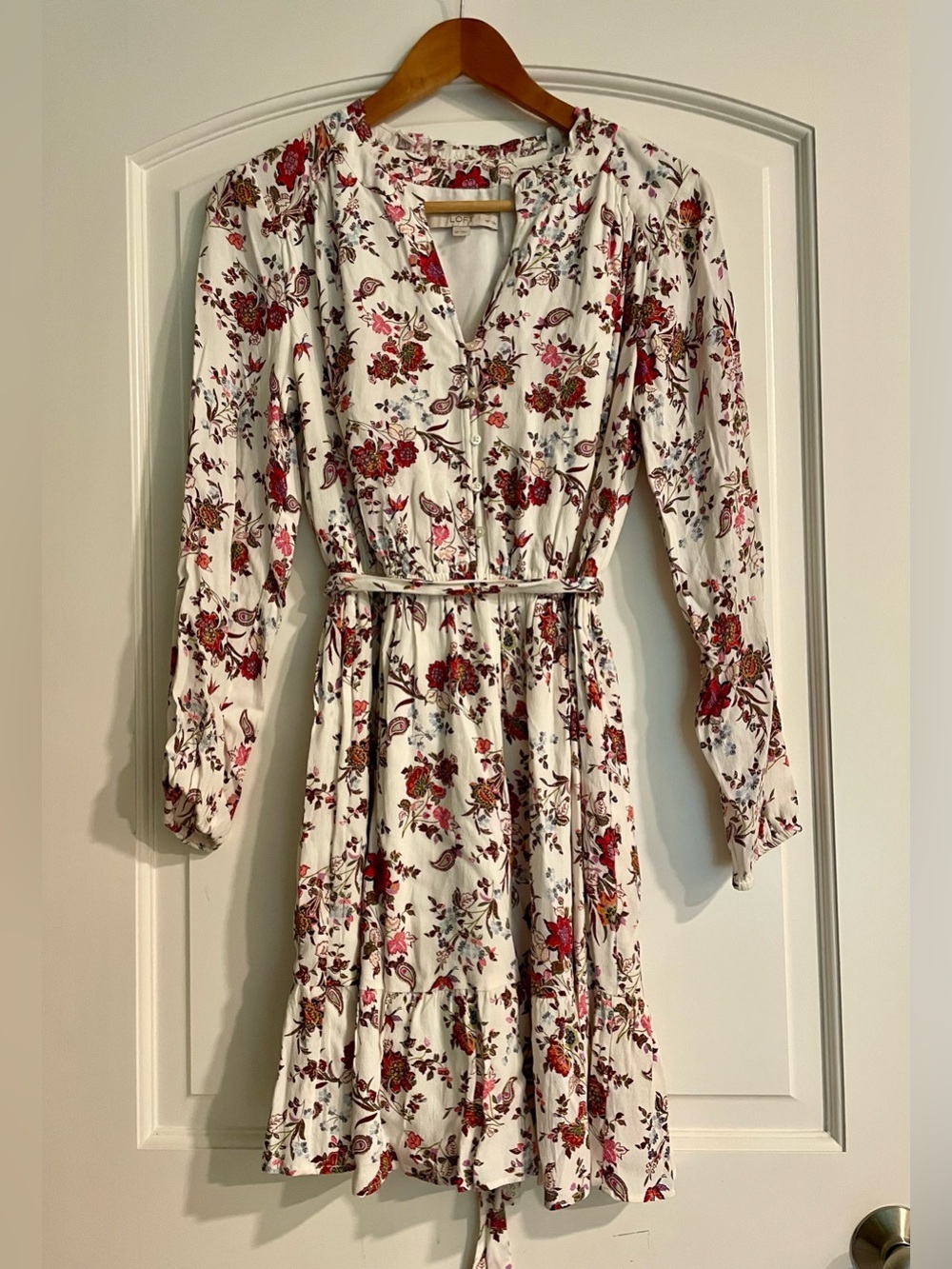 LOFT Patite SP White Floral Long-Sleeve Button Dress with Tie Waist